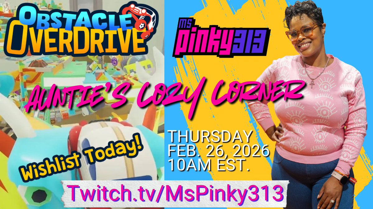 MsPinky313Play_'s tweet photo. Hey Friends! We are live on Twitch!
Auntie's Cozy Corner! Streaming Obstacle Overdrive
Link: https://t.co/19biYhT6xh! #NextFest
#ObstacleOverdrive #AuntiesCozyCorner #indiegames https://t.co/UFkgFox5gz
