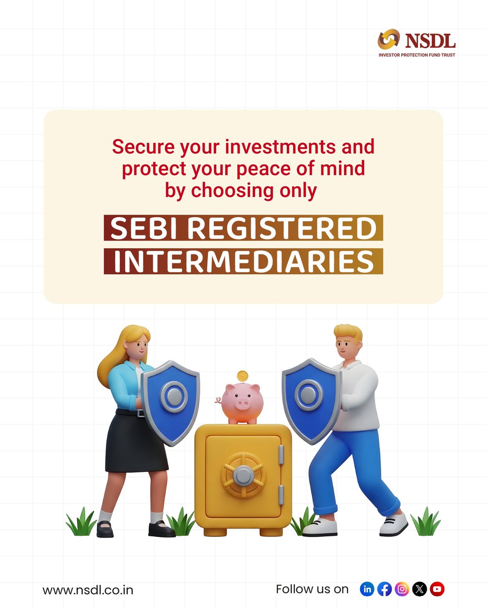 NSDL_Depository's tweet photo. Make SEBI-registered intermediaries your first choice.

Smart investing begins with safety.

#NSDL #InvestSmart #SEBI #FinancialSecurity #InvestorAwareness https://t.co/H3lkSOXYc3