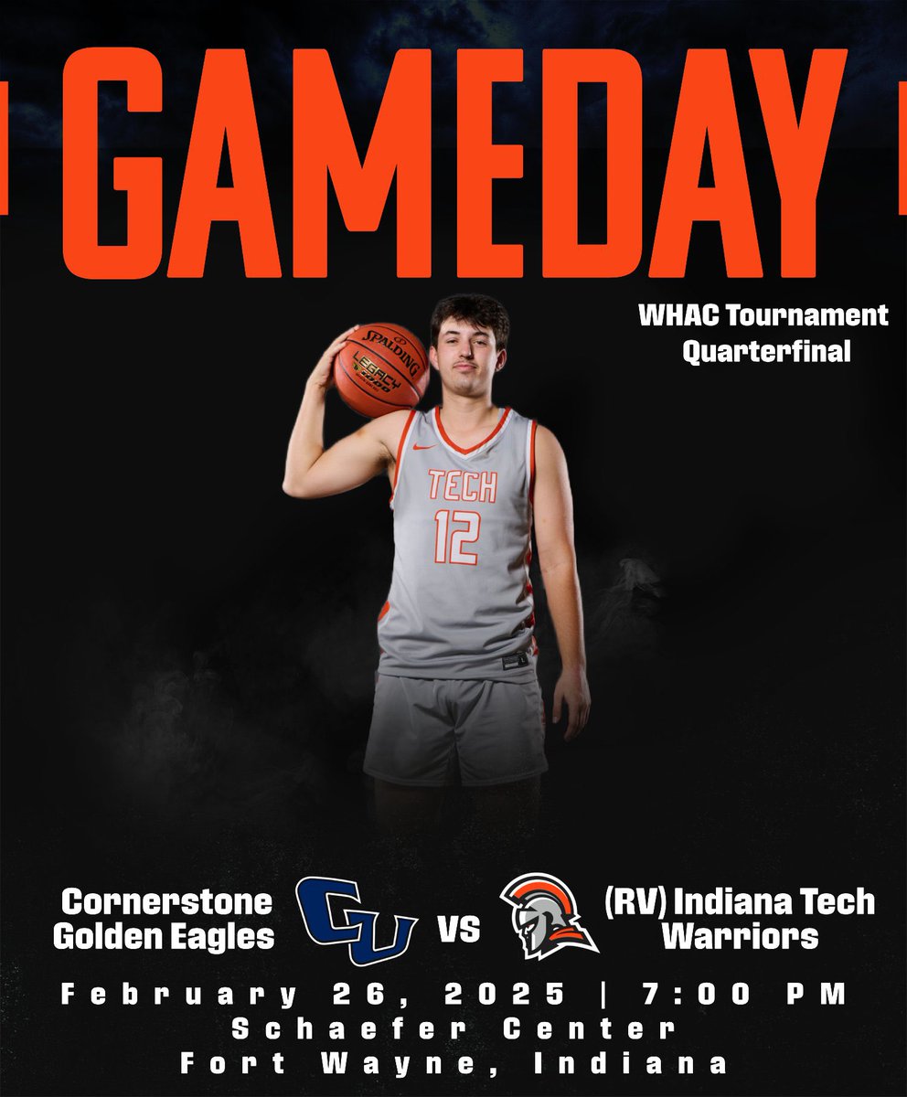 It’s GAMEDAY Warriors! (RV) <a href="/INTechMBB/">Indiana Tech Men’s Basketball</a> hosts Cornerstone in the WHAC Tournament quarterfinals tonight at 7pm in the Schaefer Center. Come on out and show your support! #GoWarriors #WinIT