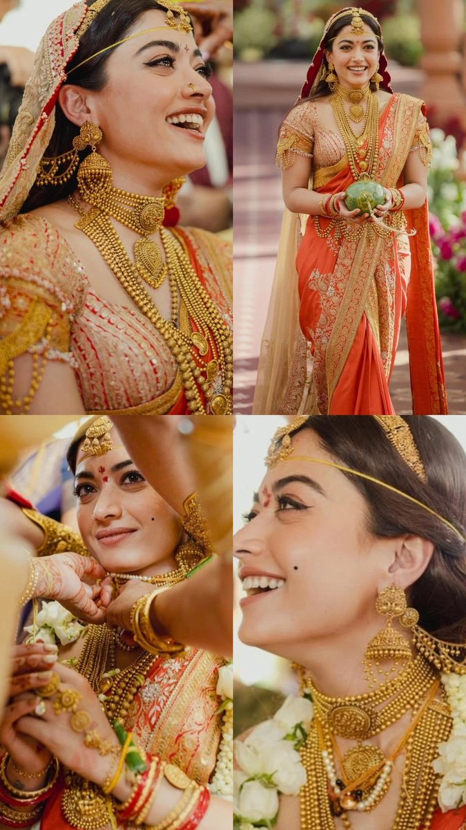 ReemaGauncarDZ's tweet photo. Being a South Indian on my maternal side specifically, I have always been fond of such beautiful &amp; intricate detailed South Indian Temple jewellery. This look of @iamRashmika with the orange saree is pure royal elegance which brings out her natural radiant beauty. #DreamLook 🧡🫠 https://t.co/LK3uympTat