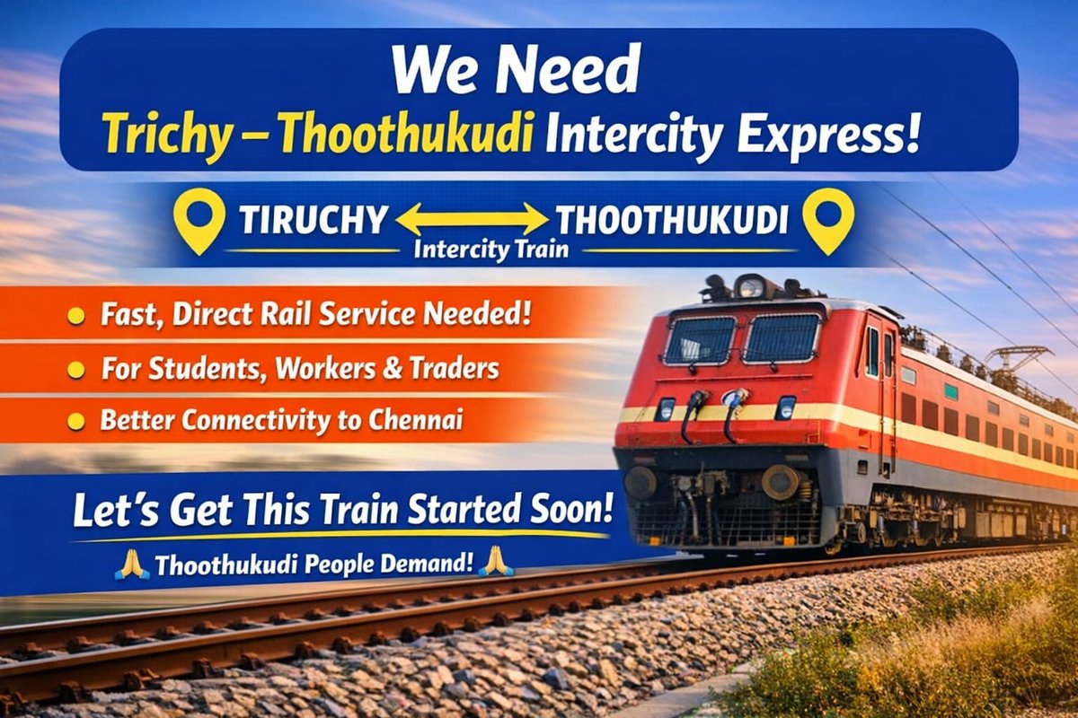Vijay94435's tweet photo. @AshwiniVaishnaw @DrLMurugan @GMSRailway @drmmadurai 
Tiruchirappalli – Thoothukudi – Tiruchirappalli Intercity Train Needed!
Daily direct connectivity for students, workers &amp; traders.
Better link to Chennai via Trichy.
🙏 Long pending public demand of South Tamil Nadu. https://t.co/eMJpRCZDEa