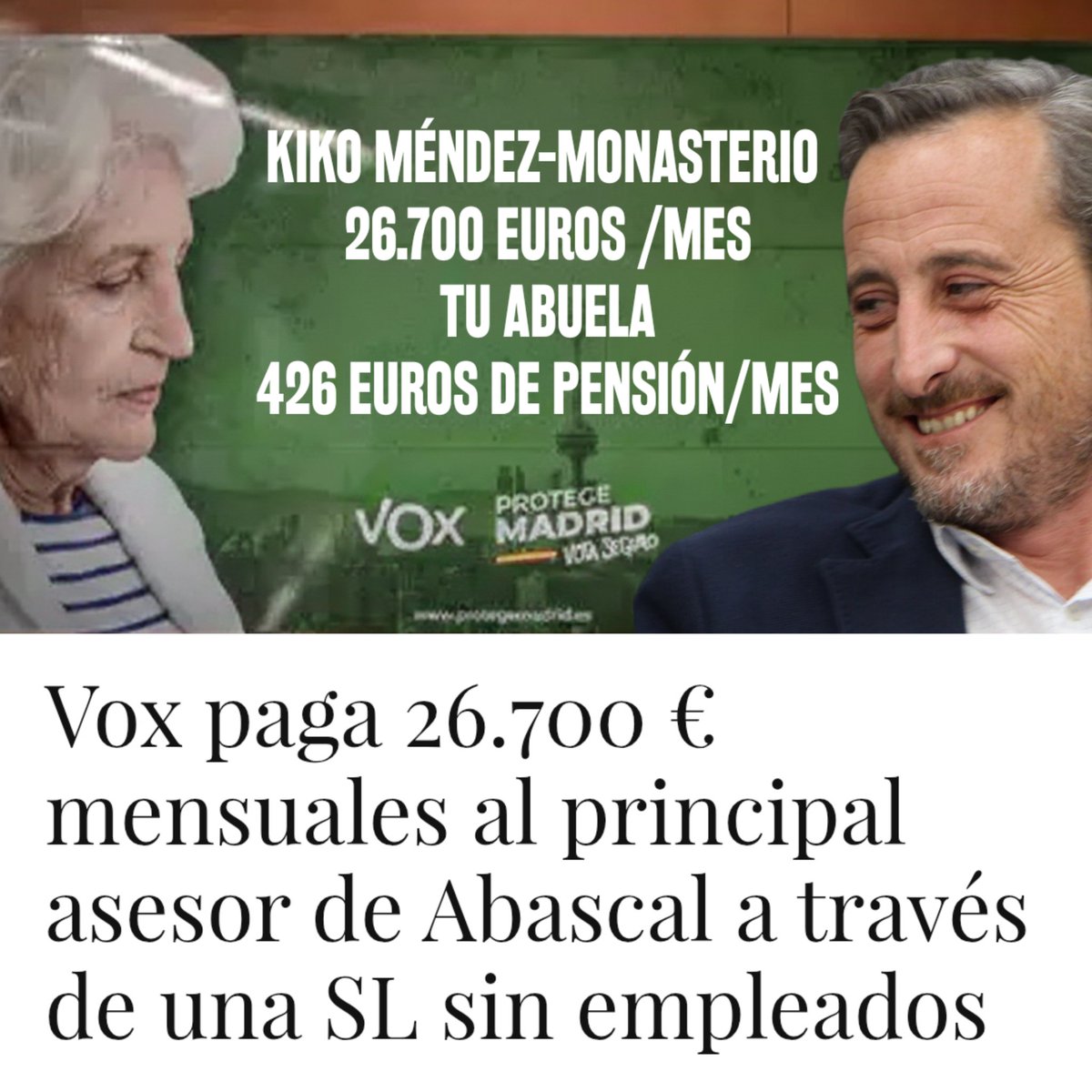 Vox es el último partido que ha votado en contra de la subida de las pensiones.
¡¡Corre a contárselo a tu abuela!!