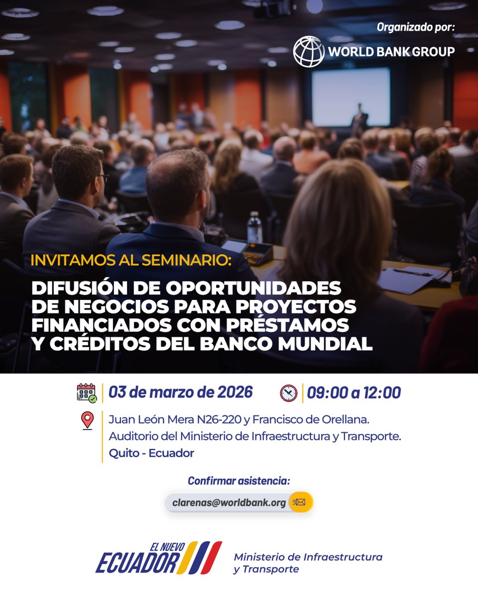 BorisWeber's tweet photo. 📢 Más transparencia, más oportunidades para el desarrollo del #Ecuador.

El 3 de marzo realizaremos un evento sobre Oportunidades de Negocios en proyectos financiados por el @BancoMundialLAC.

Impulsamos procesos más eficientes y transparentes.

📩 Confirma asistencia https://t.co/SRT2VYCUUA