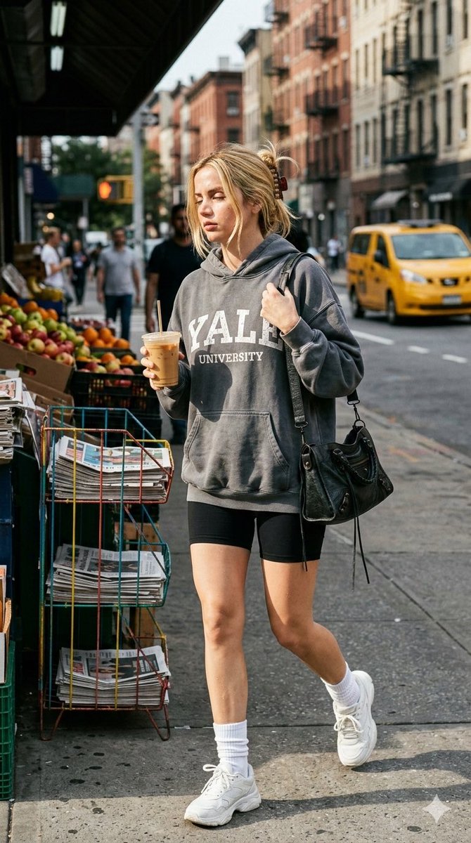 IslaSterling's tweet photo. The morning walk 
With Gemini Nano Banana 2 

{
  "prompt_description": {
    "type": "Stealth paparazzi shot",
    "subject": "Young blonde actress resembling Sydney Sweeney during a casual morning errand",
    "celebrity_features": {
      "hair": "Messy bedtime blonde hair, loosely tied in a claw clip with strands falling out",
      "expression": "Squinting slightly at the bright morning sun, holding a large iced coffee, looking slightly sleepy",
      "outfit": "Oversized, vintage-wash grey collegiate hoodie (Yale branding), black biker shorts, and chunky white sneakers with tall socks",
      "accessories": "Simple gold hoop earrings, holding a black leather Balenciaga city bag carelessly"
    },
    "environment": {
      "location": "Sidewalk outside a gritty New York City bodega",
      "setting": "Walking past a colorful, slightly chaotic newspaper stand and fruit display. Blurred yellow taxi in the background",
      "lighting": "High-contrast HDR morning sun. Harsh, direct light hitting one side of the face, creating deep but detailed shadows, highlighting natural skin texture and sweat sheen",
      "atmosphere": "Candid, 35mm film grain, slight motion blur indicating movement, raw and unedited photojournalism feel"
    },
    "framing": {
      "aspect_ratio": "Vertical 9:16",
      "angle": "Eye-level, walking shot, slightly telephoto depth of field"
    }
  }
}