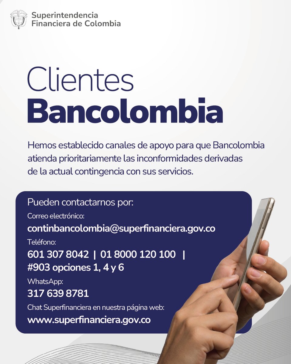 SFCsupervisor's tweet photo. Estos son los canales de apoyo que ponemos a disposición para los clientes Bancolombia https://t.co/pqKT9oxiAt