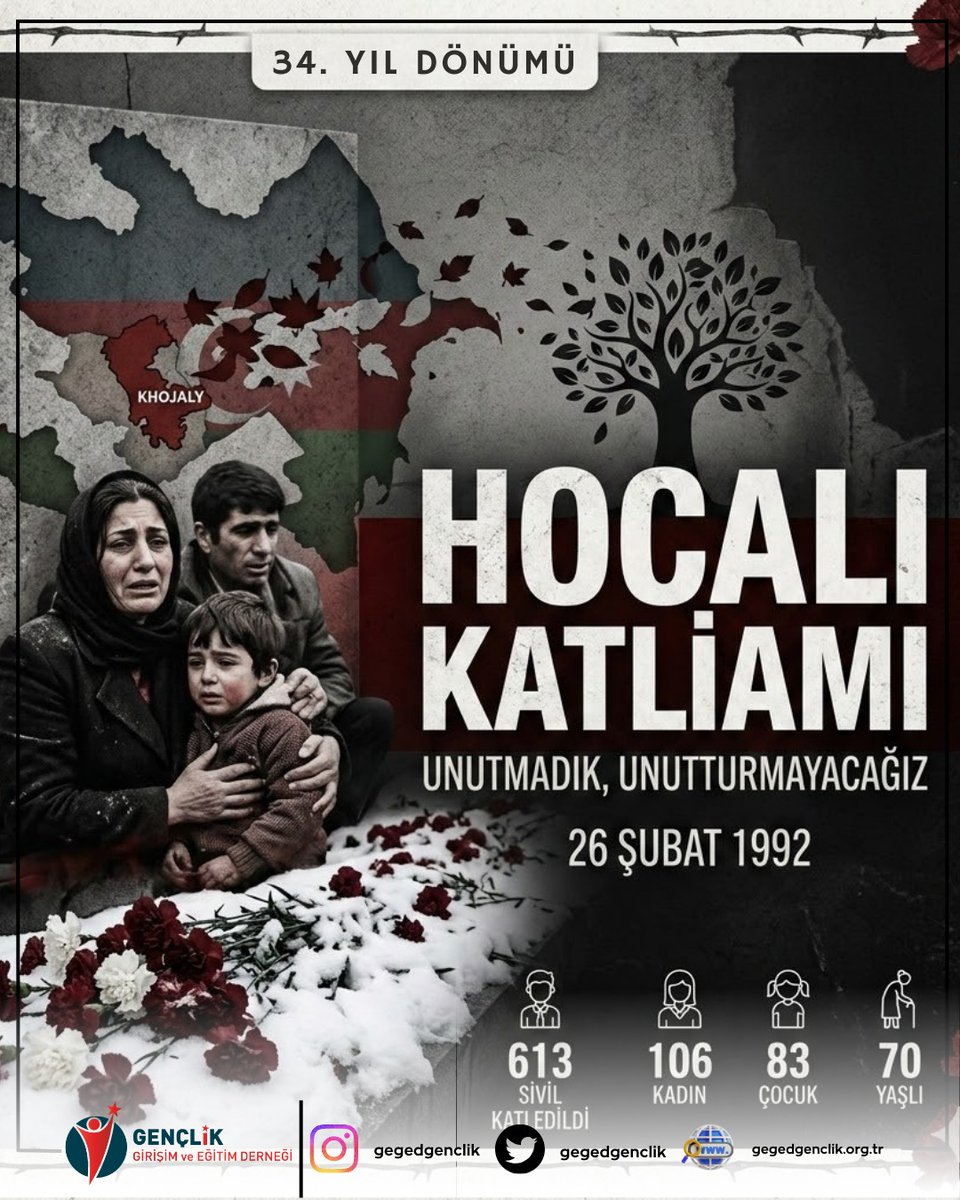 "Hocalı: Bir gecede kar beyazının kan kırmızısına büründüğü yer. 26 Şubat 1992’de yaşanan katliamı 34. yılında aynı acıyla hatırlıyoruz. 613 can, binlerce yarım kalan hikaye... Hocalı Katliamı’nı unutmadık, unutturmayacağız! 🇦🇿🇹🇷 #HocalıKatliamı #26Şubat1992"