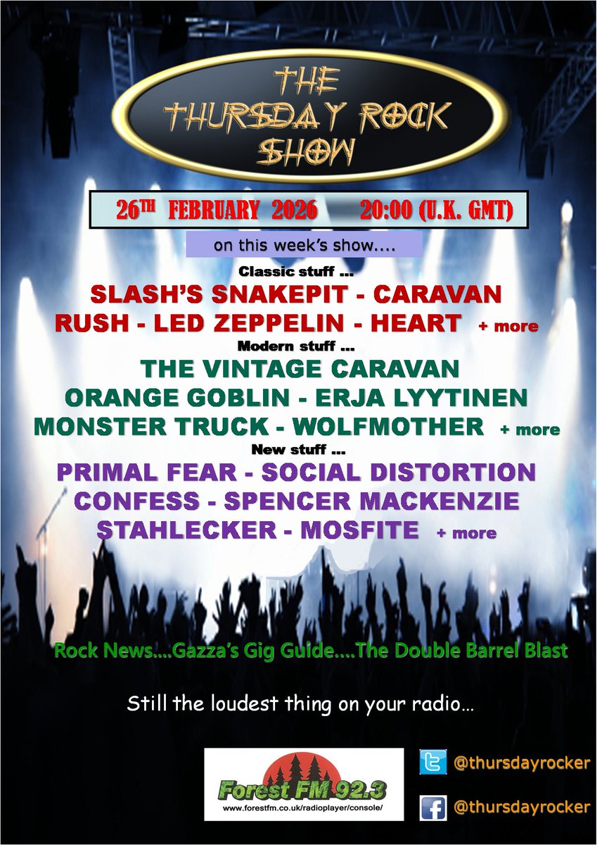 thursdayrocker's tweet image. Announced! @thursdayrocker #RadioShow today 8pm (UK) stream forestfm.co.uk/radioplayer/co… + @smackenziemusic @SocialDness @mosfite #Stahlecker @PrimalFearBand  @wolfmother #Caravan @Monster_Truck_ @_VintageCaravan @OrangeGoblin1 @erjalyytinen @rushtheband @Slash @ledzeppelin + more!