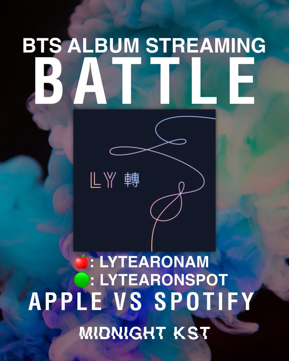 🎶STREAMING BATTLE🎶

It’s time for LY: TEAR!
Apple Music⚔️Spotify 

Pick a team, stream, &amp; battle tag it out! 💪

Let's make #BTS echo loud in 2026! 

Push for streams &amp; an entry! We got this! 🙌🏽

BTS BUILD THE STREAMS 🔥

#LYTEARONAM
#LYTEARONSPOT