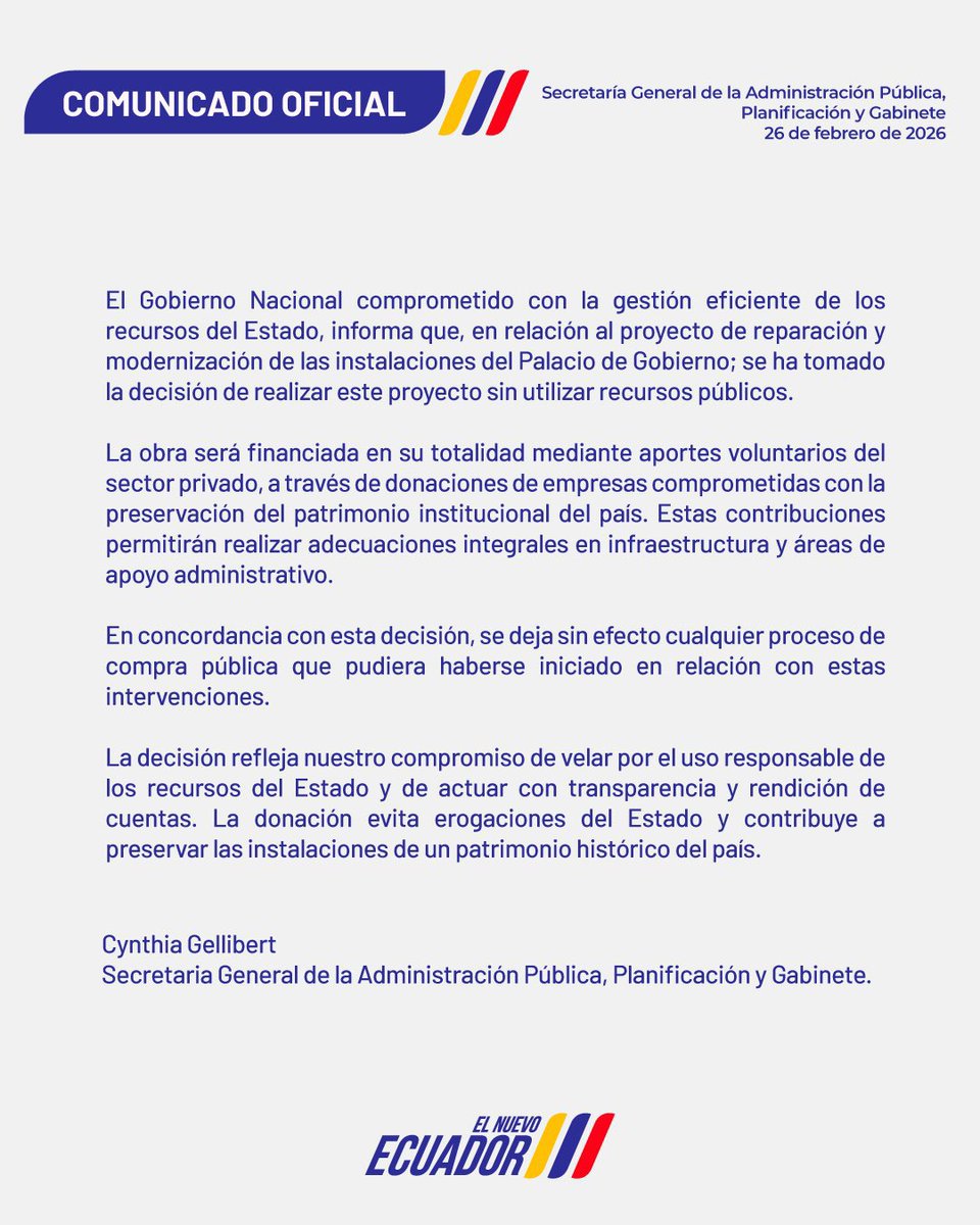 OmarSegarraB's tweet photo. Dicen que no habrá plata pública para “reparación y modernización” de Carondelet, que todo será por “aportes voluntarios” privados y “se dejará sin efecto” la compra pública.

Perfecto… salvo por un detalle incómodo, el 14-feb-2026 se reportó que Presidencia autorizó USD 130.317 para renovar tres baños, vía proceso en el Portal de Compras Públicas. SE OLVIDARON?

La Constitución no prohíbe donaciones, pero sí obliga transparencia y control, es decir, compras públicas con eficiencia y transparencia (Art. 288), entidades que reciben/transfieren recursos públicos sometidas a rendición de cuentas (Art. 297), @ContraloriaECU controla recursos estatales y privados con recursos públicos (Art. 211), y servidores responden por el manejo de fondos (Art. 233).

Porque si “donación” significa “sin trazabilidad”, eso no es ahorro… es opacidad con moño.

¿Publican hoy mismo, acto de cancelación, lista de donantes, montos y condiciones, o no? 

#Carondelet #Transparencia #Contraloría