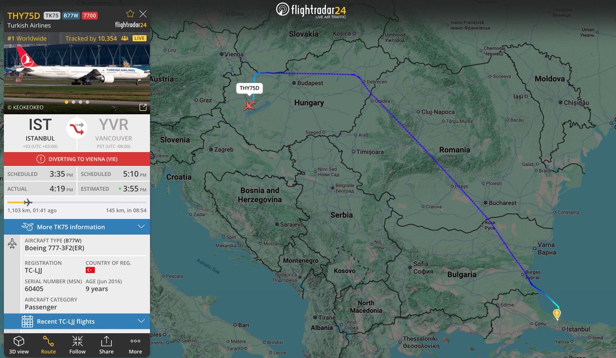 flightradar24's tweet photo. #TK75, Istanbul-Vancouver, squawking 7700 and diverting to Vienna. https://t.co/f2dKRdxjVC
For more information on ‘Squawking 7700’ please see https://t.co/nW7vZ4JgMF https://t.co/TOZouoDuQl