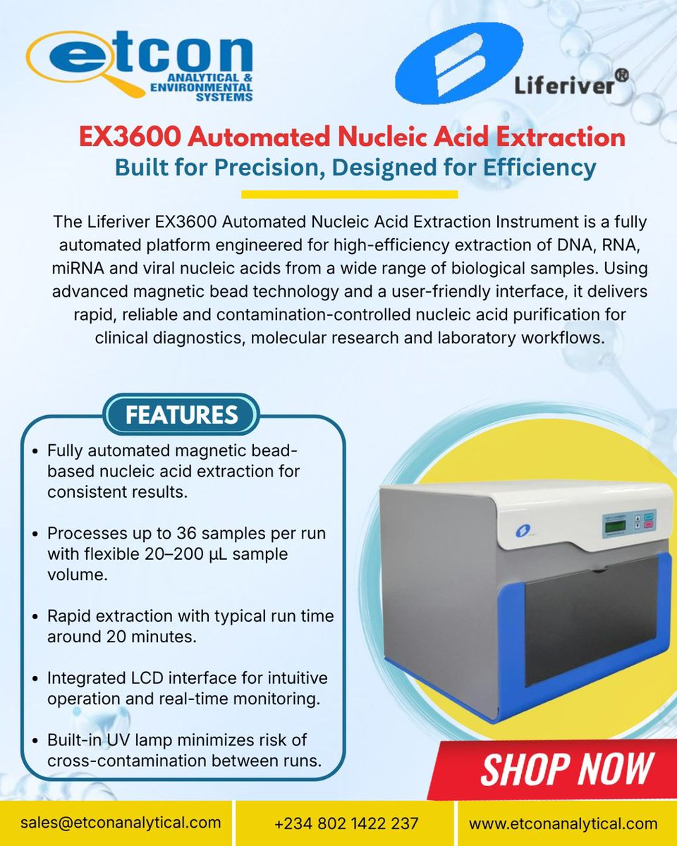 ✔️ Fully automated magnetic bead extraction
✔️ Processes up to 36 samples per run
✔️ Fast turnaround time (≈20 minutes)
✔️ Intuitive LCD interface with real-time monitoring
✔️ Built-in UV lamp to minimize cross-contamination

Built for precision. Designed for efficiency.