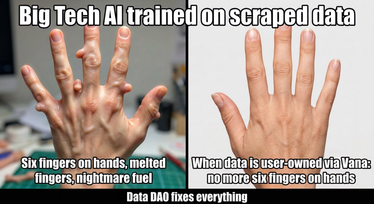 Minor_Research's tweet photo. Left: Big Tech AI on scraped data Right: Vana-powered AI on user-owned data
Nightmare fuel → perfection
Data DAO fixes everything fr fr @vana #DataDao https://t.co/1deIEwq7Sb