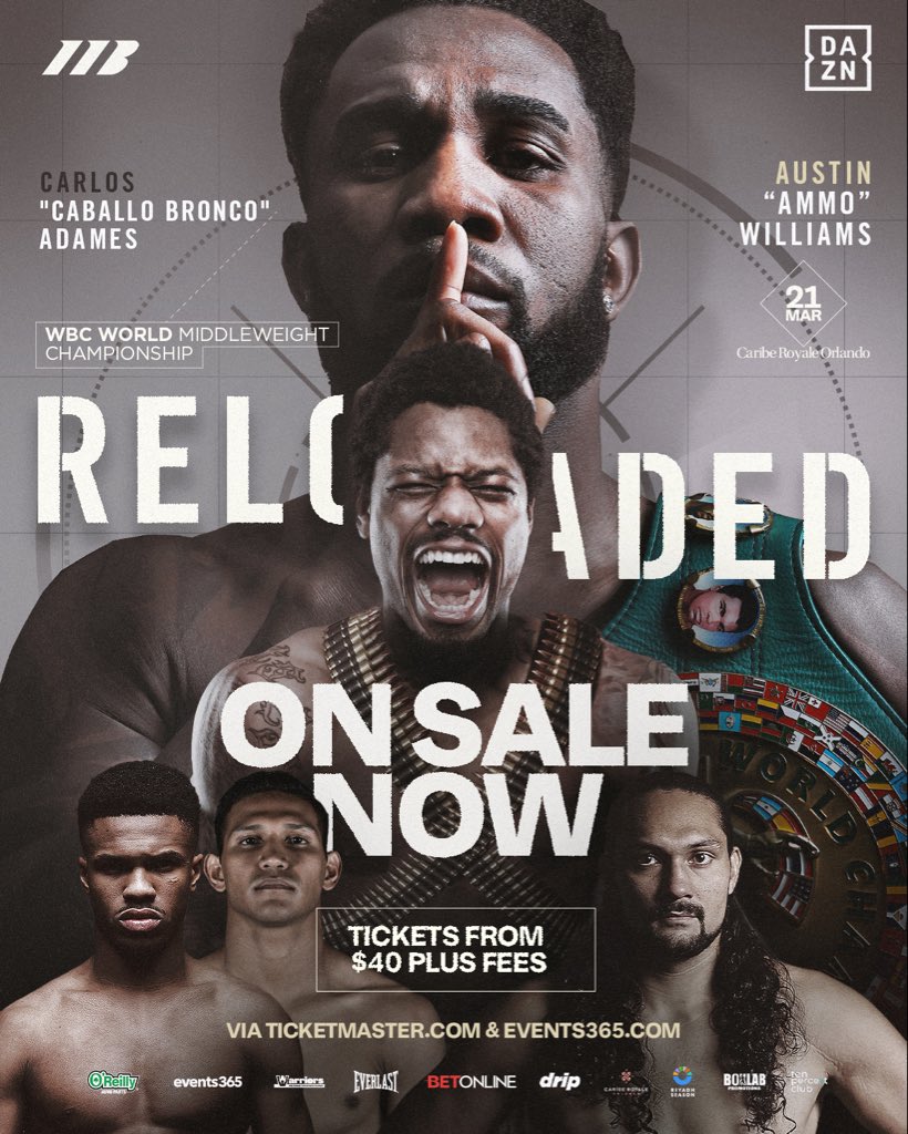 MatchroomBoxing's tweet photo. Get your tickets now! 🎫 

Join us at the Caribe Royale in Orlando for Carlos Adames vs Ammo Williams on March 21 🔥 

WBC World Middleweight Title on the line 🔰 #AdamesWilliams 

🔗: https://t.co/VkUZ3XgLyB https://t.co/11FhxtISuj