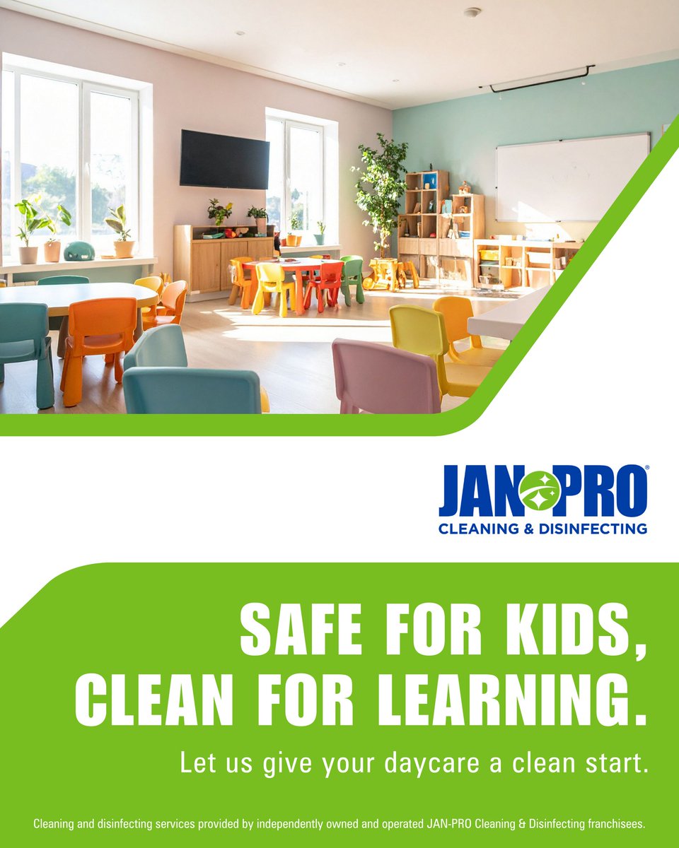 janprocentralga's tweet photo. Safe, clean, and ready for fun! From classrooms to play areas, JAN-PRO® Cleaning &amp; Disinfecting delivers professional, kid-safe cleaning so little ones can explore worry-free.

Schedule your daycare cleaning today: https://t.co/PzrYtfIPkO | 478-259-7125 https://t.co/3IHJ7mLsuX