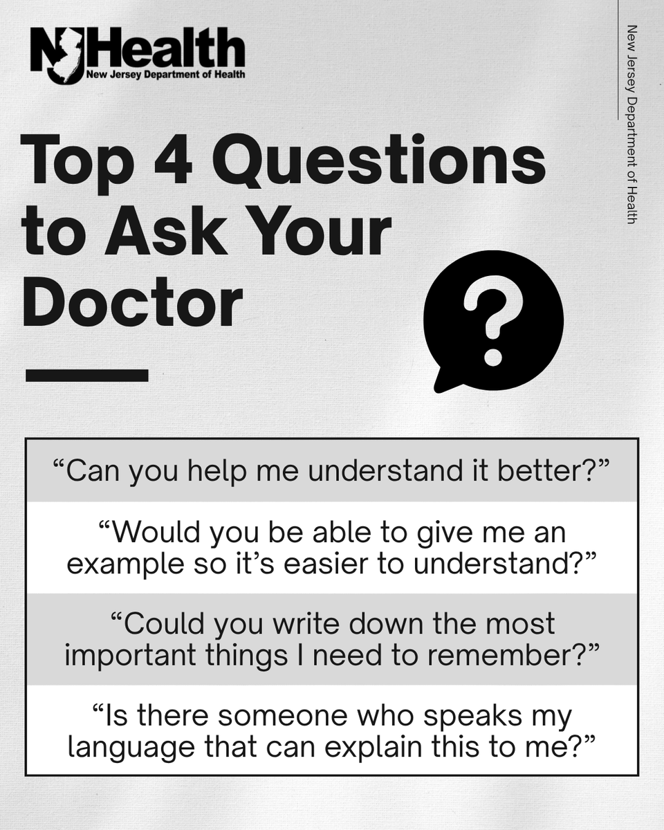 NJDeptofHealth's tweet photo. Got questions? Write them down before your appointment so you don’t forget.  Getting clear information can help you make the best choices for your health. Learn more: https://t.co/jEIF9leo0s #HealthierNJ #HealthLiteracy https://t.co/CKMKyG6M1F