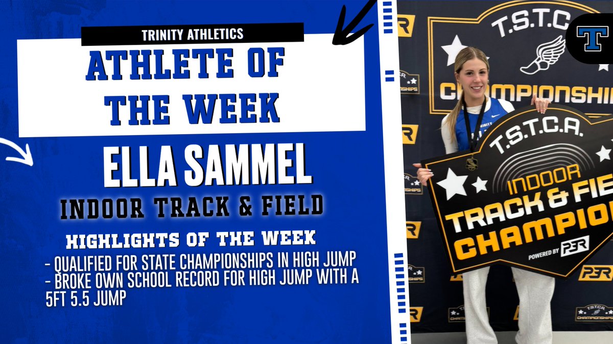Trinity_Hillers's tweet photo. 🔵Athlete of the Week⚪️

Indoor Track's Ella Sammel has earned Trinity Athletics Athlete of the Week honors!

🎬Highlights - Broke own school record in high jump with a 5ft 5.5 jump, Qualified for the state championships

#itsagreatdaytobeahiller 🔵⚪️ https://t.co/R9u4M0N2TF