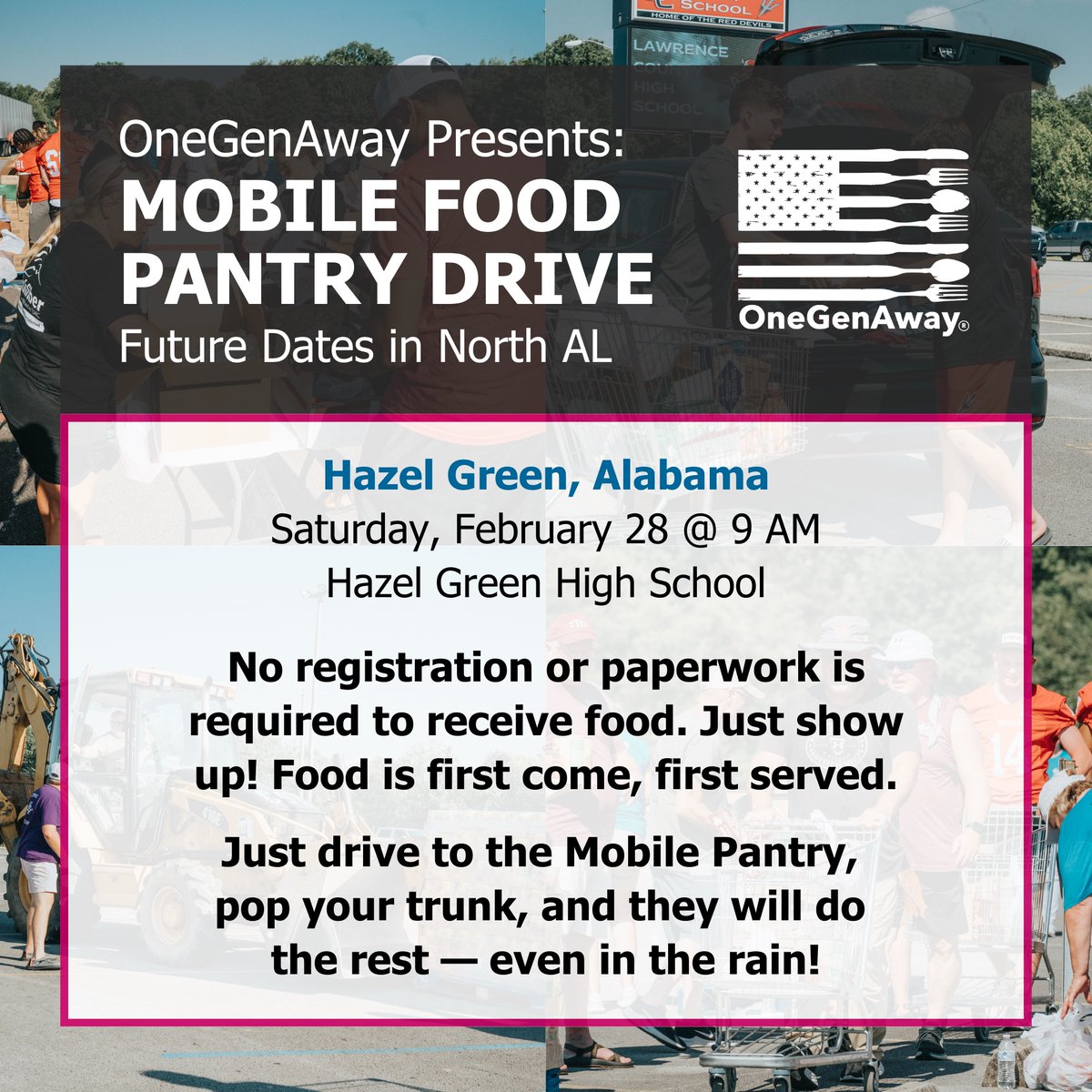 OneGenAway's Mobile Food Pantry will be back in North Alabama this weekend!

Saturday, February 28
Hazel Green High School
14380 US-231, Hazel Green, AL

Food distribution will begin at 9 AM. 

Learn more: onegenaway.com/mobile-pantry/

#CAPNA #OneGenAway #MobileFoodPantry