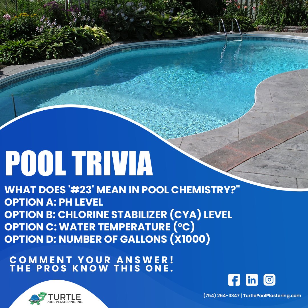 TurtlePoolzZ's tweet image. POOL TRIVIA TIME! 🧠💧
Think you know your pool chemistry? Test your knowledge:

#PoolTrivia #PoolMaintenance #PoolLife #SwimmingPool #PoolChemistry #Chlorine #PoolCare #BackyardOasis #PoolService #TurtlePoolPlastering #TriviaTime #PoolOwners #SummerReady #CleanPool #PoolDay