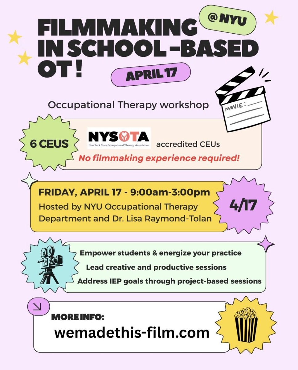 NYU_OT's tweet image. #NYUOT, in collaboration with Dr. Lisa Raymond-Tolan, is proud to host Filmmaking in School-Based Occupational Therapy. Early bird pricing through 2/28!

#NYUSteinhardt #OccupationalTherapy #OccupationalTherapyStudent