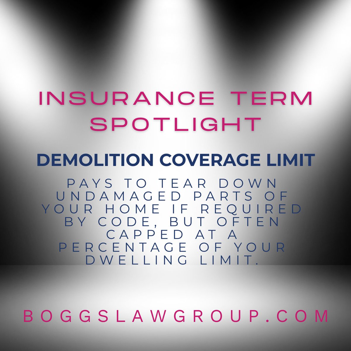 BoggsLaw's tweet image. 🏚️ Demolition Coverage Limit: Know Before You Need It

If building codes require tearing down undamaged parts after a loss, your policy may only cover a percentage of the cost. Check your cap now, don’t wait for a disaster.

#HomeownersInsurance #PolicyholderRights