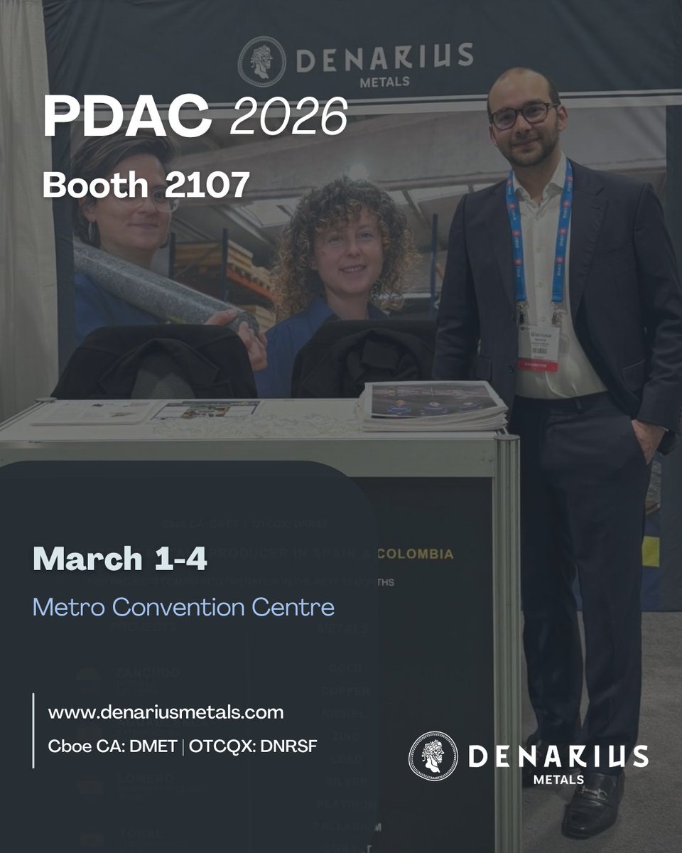 DenariusMetals's tweet image. Join us at PDAC on March 1-4, 2026, at booth 2107!

⁣Cboe CA: DMET | OTCQX: DNRSF #pdac2026 #miningindustry #criticalminerals #preciousmetals #denariusmetals