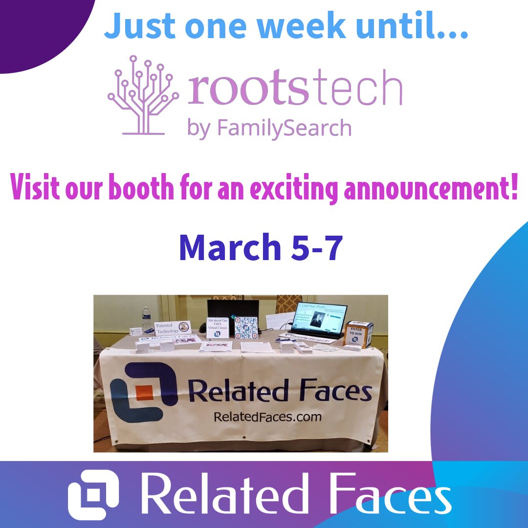 RelatedFaces's tweet photo. Only one week to go until Rootstech!!! 🎉 Related Faces is thrilled to unveil an exciting new feature at the event. Don’t miss out—visit our booth, whether in person or virtually! We can’t wait to see you there! 👋✨ #Rootstech #genealogy #RelatedFaces #photos https://t.co/a6091x5aZn