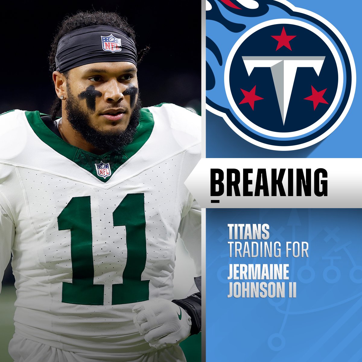 NFL's tweet image. TRADE: Titans agree to trade NT T'Vondre Sweat to Jets for DE Jermaine Johnson II. (via @TomPelissero)