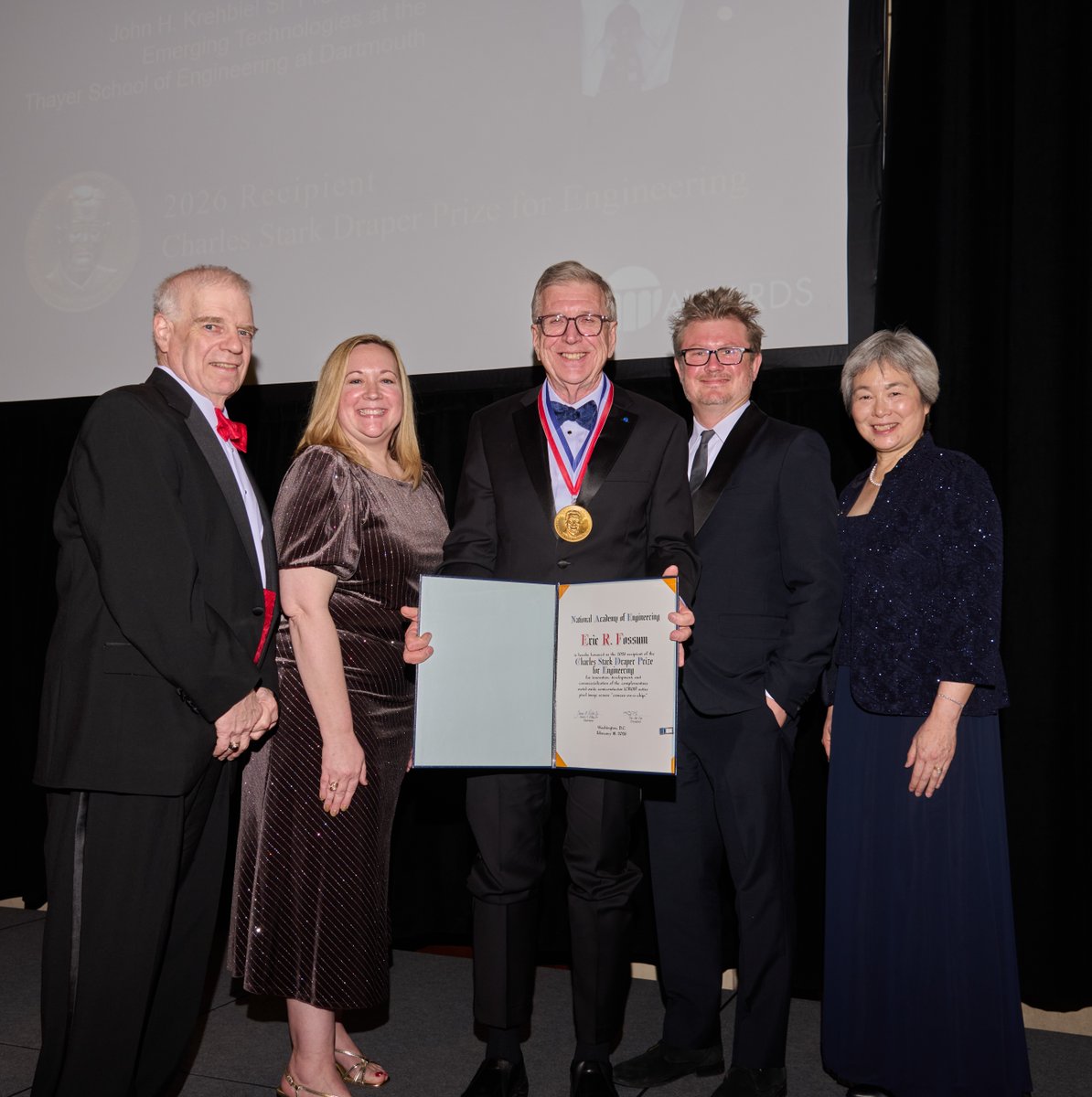 NAE_Awards's tweet photo. Congratulations to Dr. @EricRFossum, recipient of the 2026 Charles Stark Draper Prize, honored at the @theNAEng Gala for his transformative contributions to engineering innovation. A proud moment celebrating excellence with the National Academy of Engineering.

#NAEAwards https://t.co/XOA9mEzV51