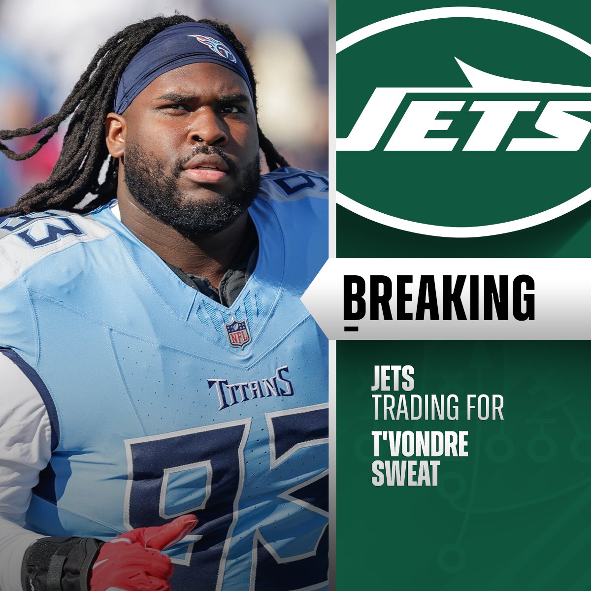 NFL's tweet image. TRADE: Titans agree to trade NT T'Vondre Sweat to Jets for DE Jermaine Johnson II. (via @TomPelissero)