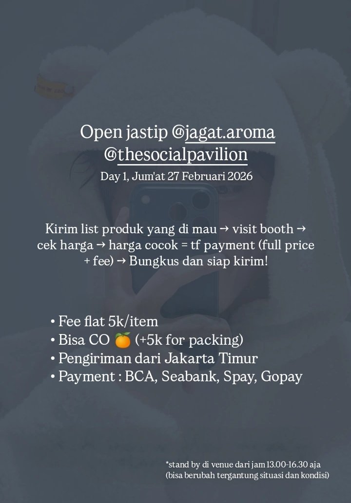 oohsyiihun's tweet photo. Halooo aku open jastip murah buat event jagat aroma social pavillion, yang mau nitip hit me up yaaa!🙌🏻✨☺️ https://t.co/FOObTn8Vfw