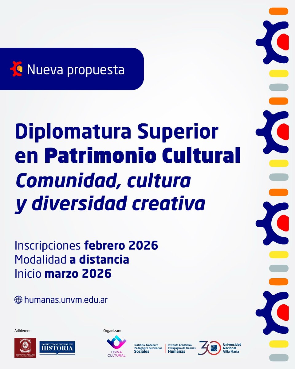 HumanasUnvm's tweet photo. 🎓Inscripciones abiertas: Diplomatura superior en patrimonio cultural, comunidad, cultura y diversidad creativa

Esta nueva formación la realizaremos de manera conjunta los Institutos de Ciencias Humanas y Ciencias Sociales y la Usina Cultural. Se dictará en modalidad a distancia https://t.co/vz4mB43Wq4