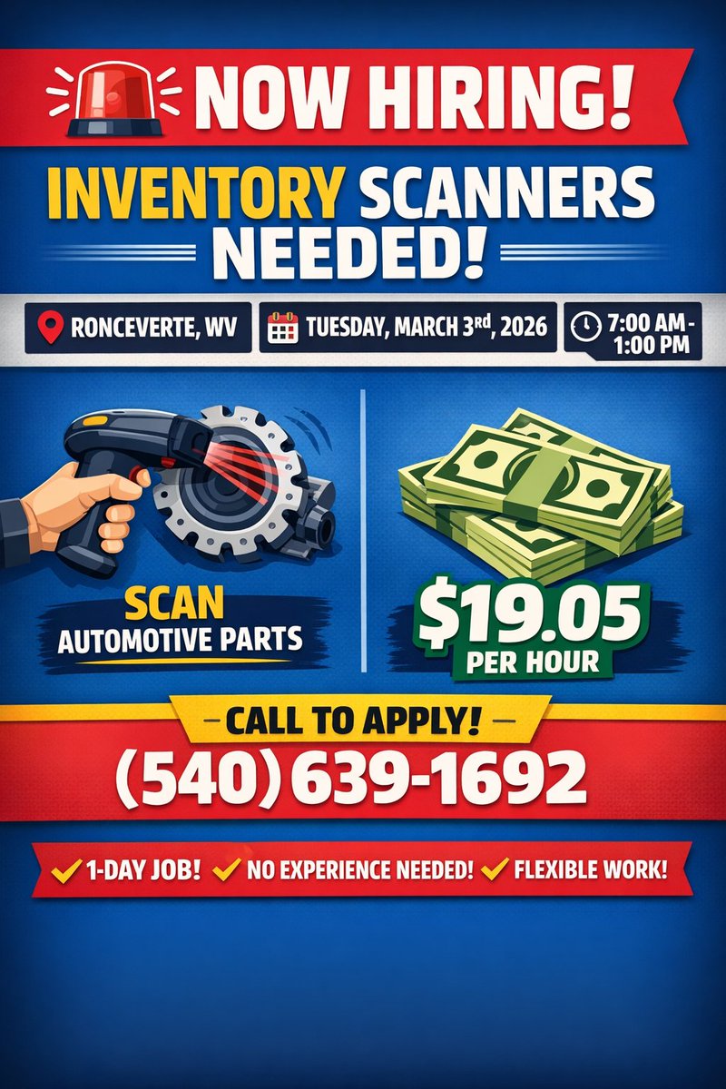 ProsNrv's tweet image. 🚨 Now Hiring: Inventory Scanners in Ronceverte, WV! 🚗
📅 March 3, 2026 | ⏰ 7 AM–1 PM
$19.05/hr | No experience needed
Call now: (540) 639‑1692📞
Flexible, quick temp job! #JobAlert #TempWork