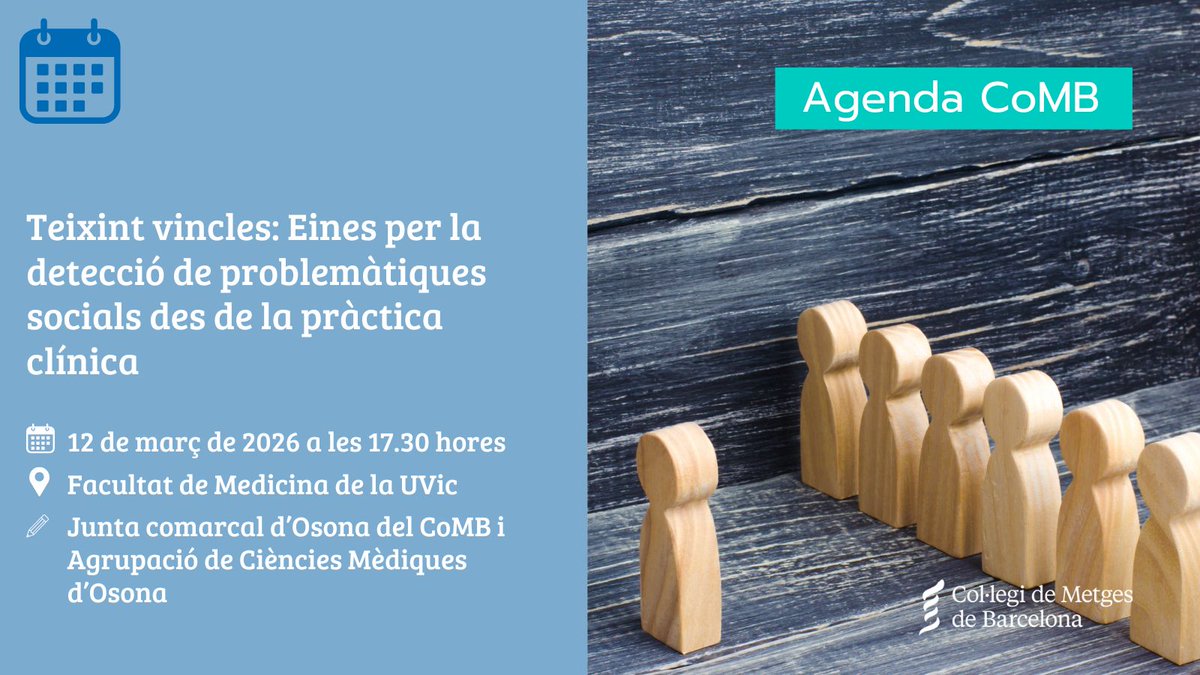 COMBarcelona's tweet photo. 🫂 La Junta comarcal d'Osona del @COMBarcelona i l'Agrupació de Ciències Mèdiques d'Osona (@ACMO_OSONA) organitza la jornada 'Teixint vincles: Eines per la detecció de problemàtiques socials des de la pràctica clínica'. L'objectiu és abordar aquests desafiaments des de la mirada compartida entre salut, serveis socials i comunitat.

📆 12 de març
🕒 A les 17.30 
📍A la Facultat de Medicina (@u_medicina) de la @uvic_ucc 

Més info i inscripcions👉 https://t.co/znx1jup6TJ