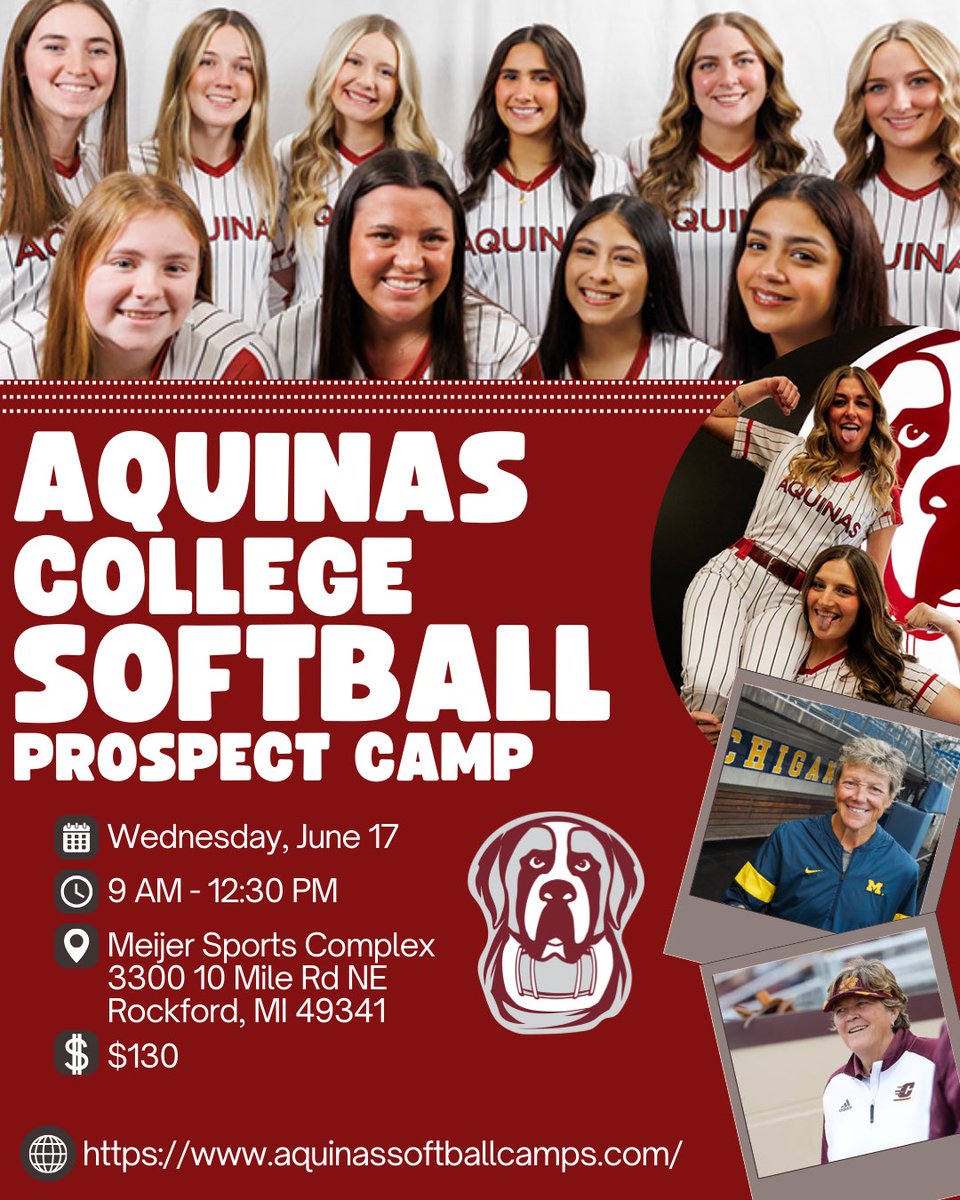 Join us this summer for the Aquinas College Softball Prospect Camp 🥎

Come experience elite instruction from the Aquinas College coaching staff and players! Featuring exclusive “dugout chats” with Coach Hutch and Coach Jonker!
Sign up today: aquinassoftballcamps.com
