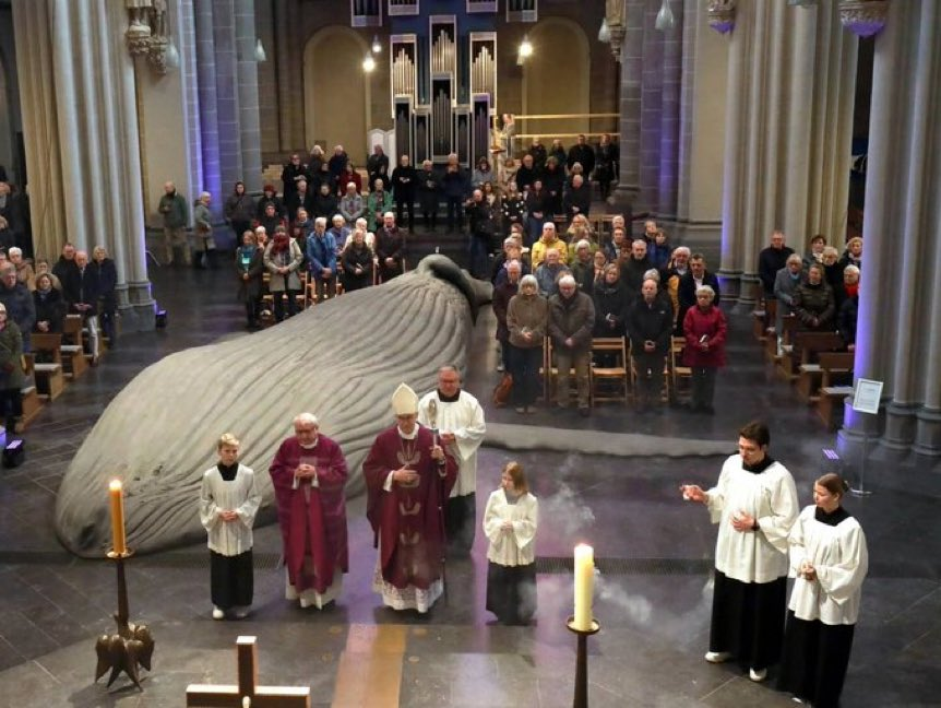 It's Lent, so they have to come up with some kind of "art installation". They chose a whale because endangered creation. 🤦♂️