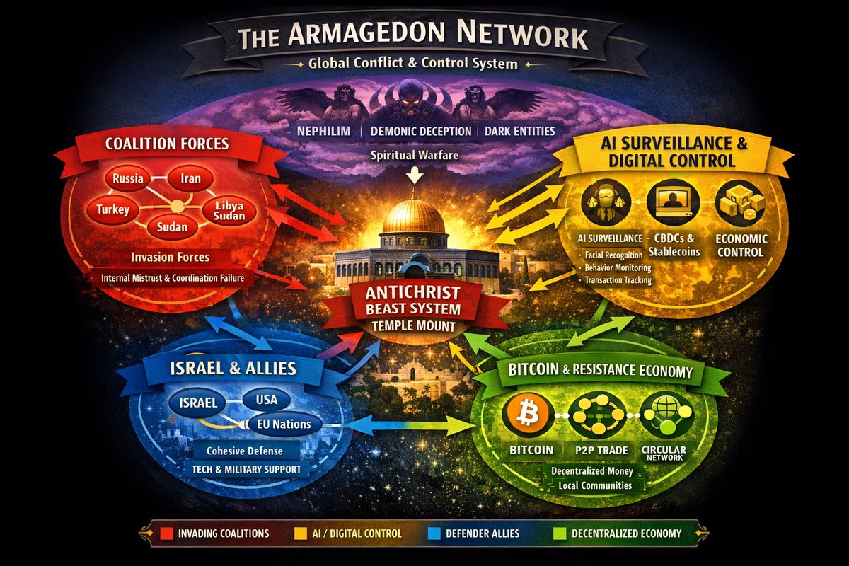 HodlerRanch's tweet image. 🌌 What if biblical prophecy, modern geopolitics, AI surveillance, and digital currencies all intersected in the end-times? Here’s a deep-dive thread mapping Ezekiel, Revelation, and Armageddon as a global network — visualized, layer by layer. 👇 #Prophecy #EndTimes #AI #Bitcoin