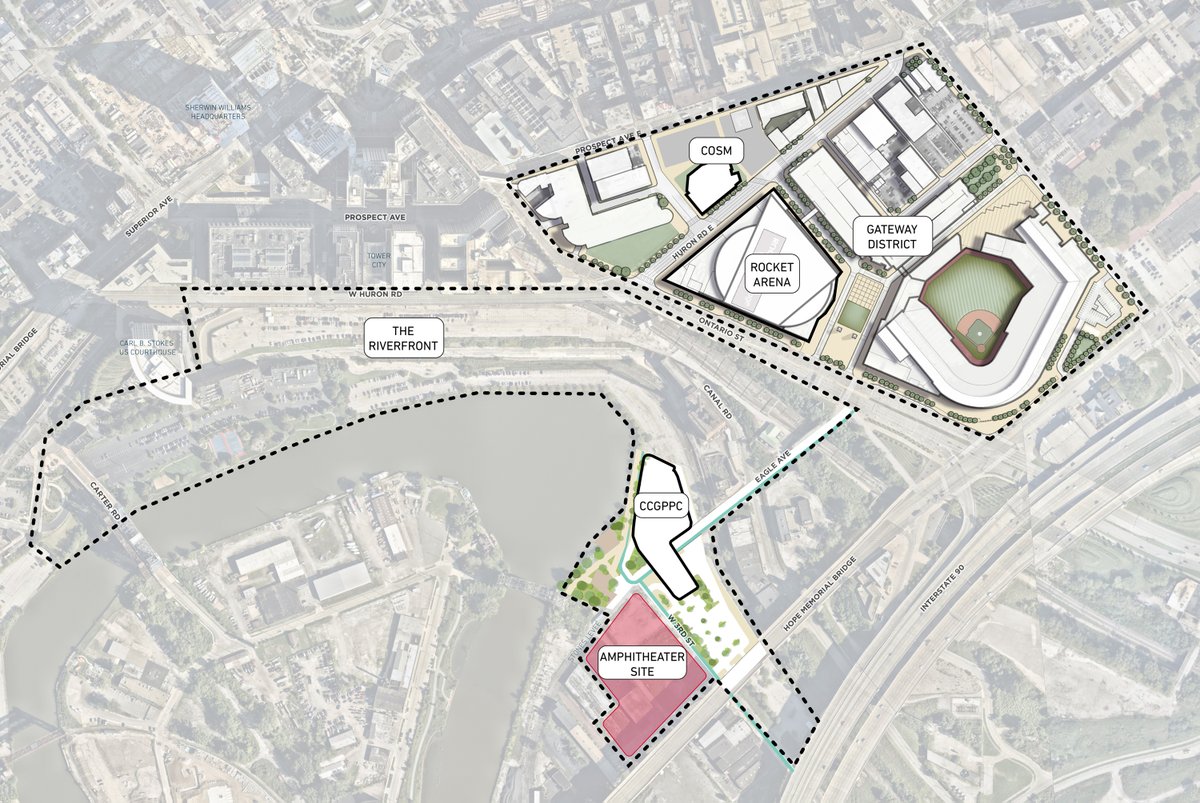 Bedrock’s emerging riverfront development below Tower City Center and Rocket Arena will include a 6,200-seat open-air amphitheater for concerts and other events, the company announced Thursday. 0wppP0.short.gy/Bm8GoM

Image courtesy Bedrock and MKSK