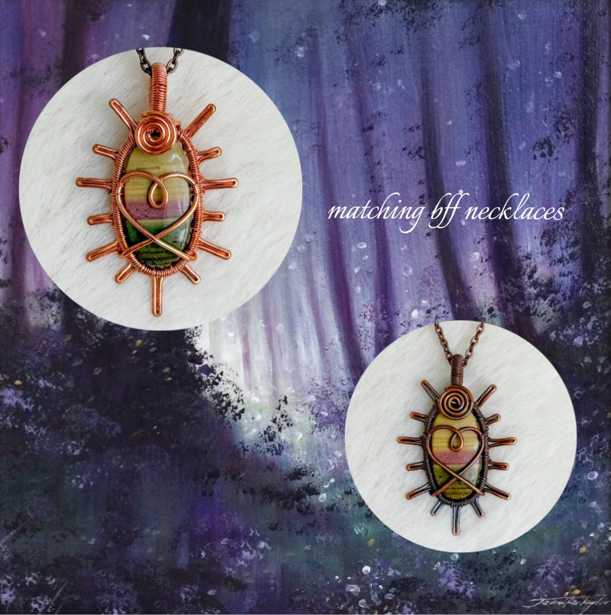 I made bff imperial jasper sun pendants with hearts for today’s shop update 💜☀️ it’s rare when I find crystal pairs, so when I do I love making bff necklaces with them!

They’ll be sold separately so don’t feel like you need both! Set an alarm for 8pm est!:)