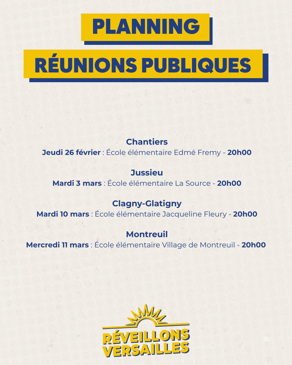 🚨 Changement d’horaire !

Nos prochaines réunions publiques auront lieu à 20h00. 

Venez découvrir notre projet pour Versailles ! 💙💛

#versailles #municipales2026