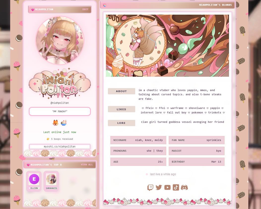 finally on myoshi! i spent way too long editing my profile but i think it looks great

feel free to boop or add me!