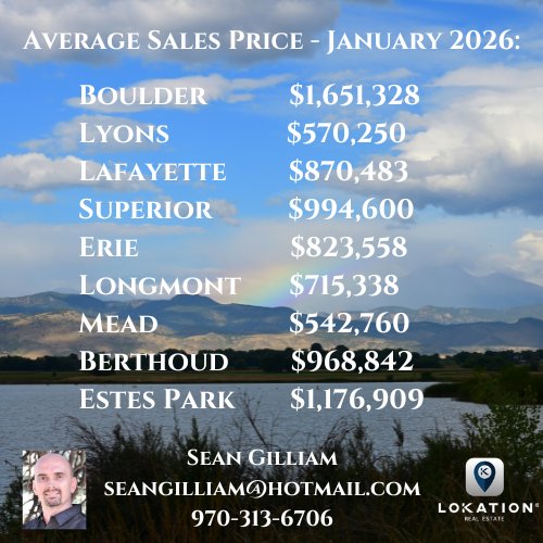SeanGil62733805's tweet photo. Average sales prices for Boulder, Lyons, Lafayette, Superior, Erie, Longmont, Mead, Berthoud and Estes Park in Colorado. https://t.co/ex5nhe4ZZ2