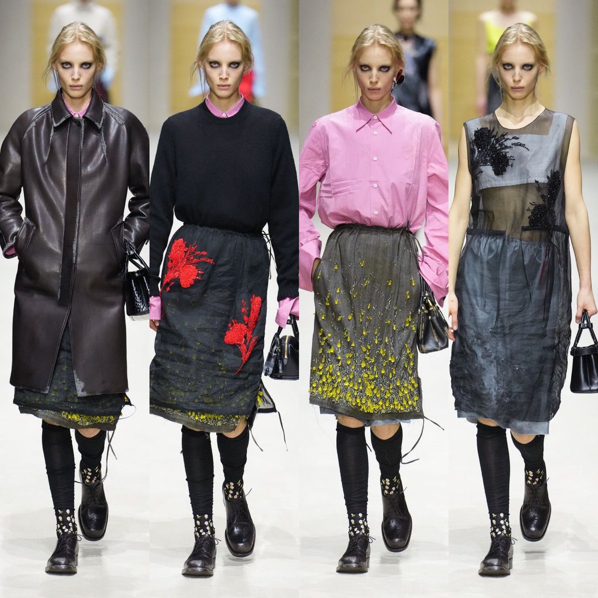 rebecamaccise's tweet photo. Las clases de layering de Prada FW26 en un solo look… y cómo ahorrar en un desfile con solo 15 modelos. https://t.co/HbuNUjU2hP