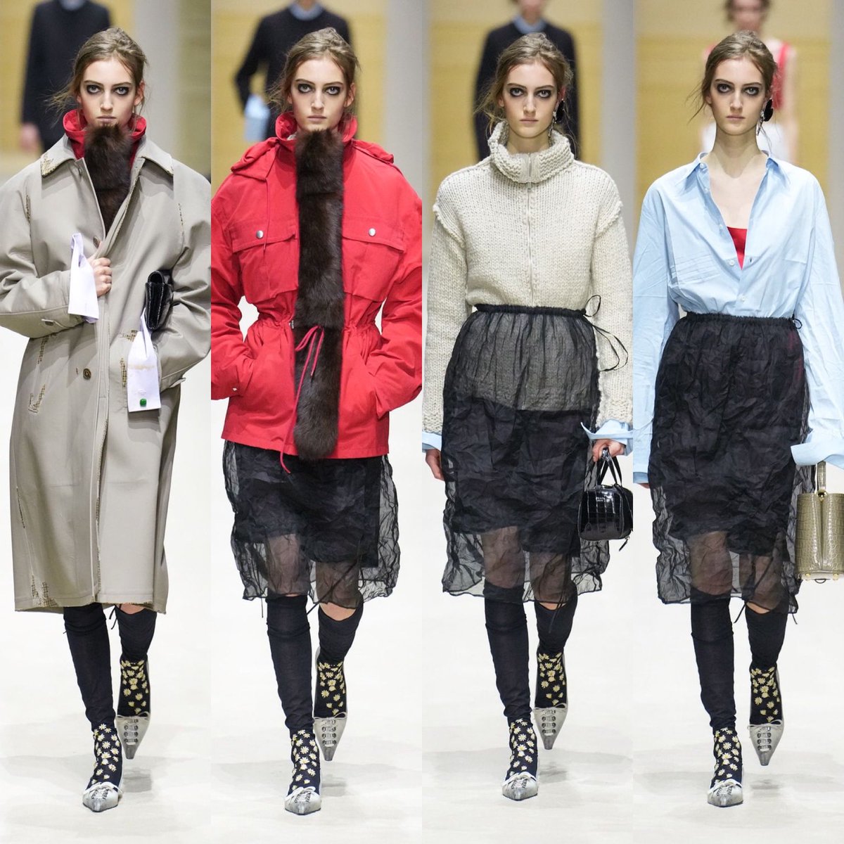 rebecamaccise's tweet photo. Las clases de layering de Prada FW26 en un solo look… y cómo ahorrar en un desfile con solo 15 modelos. https://t.co/HbuNUjU2hP