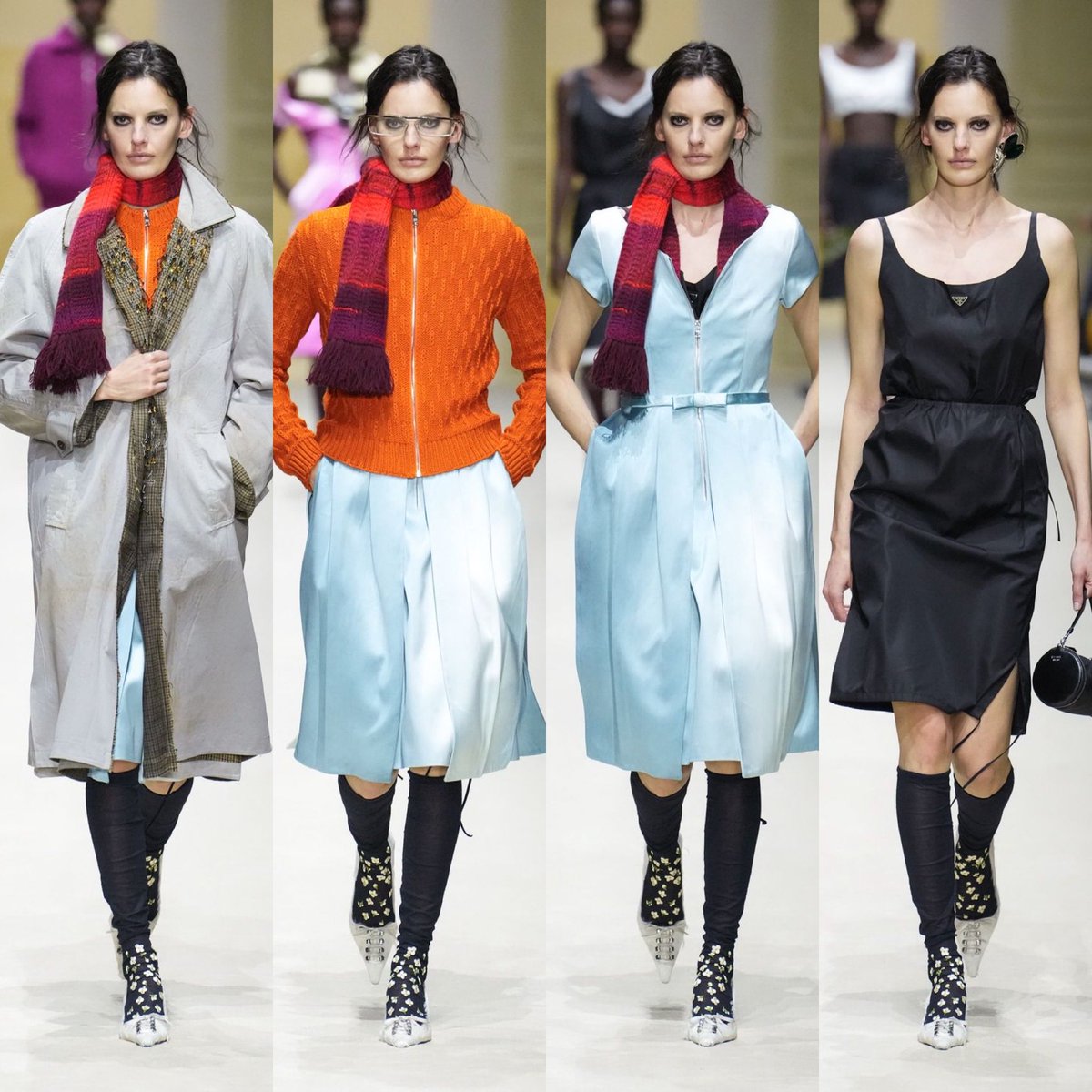 rebecamaccise's tweet photo. Las clases de layering de Prada FW26 en un solo look… y cómo ahorrar en un desfile con solo 15 modelos. https://t.co/HbuNUjU2hP
