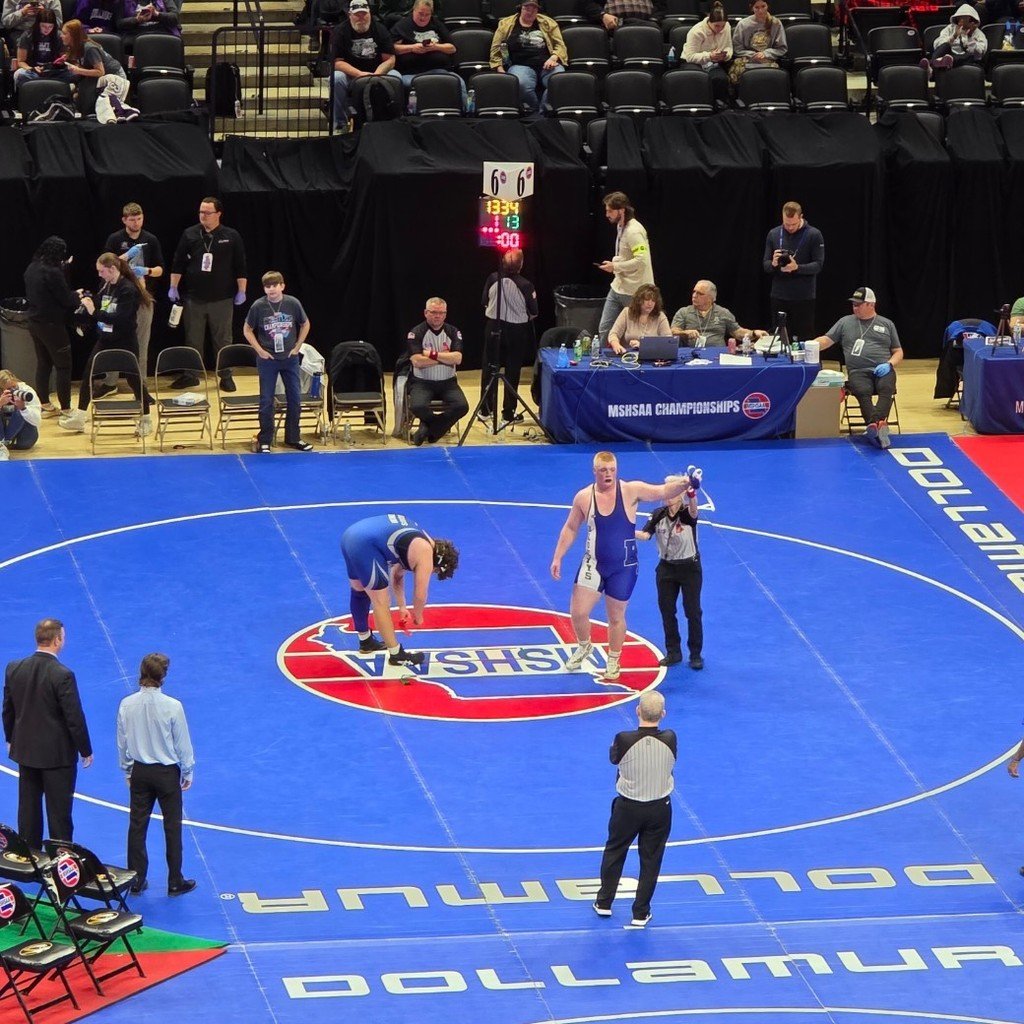 RPBlueJays's tweet photo. With a 13-1 Semifinal win, Ryder Herron advances to the Heavyweight State Championship bout! Finals begin at 5:15 tonight. 
Girls action will resume this morning at 10:15. 
Go Big Blue!!! https://t.co/F8UQrJrMdL