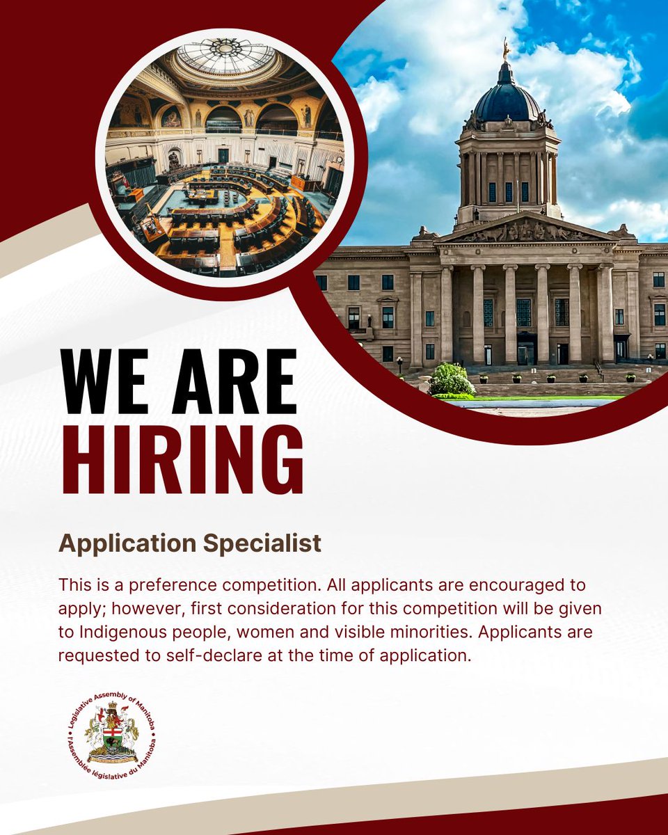 MBLegislature's tweet image. Legislative Assembly Employment Opportunities:
· Application Specialist - Information Technology

Click the link provided to find out more about the positions and how to apply.
gov.mb.ca/legislature/re…

#LegMB #JobOpportunity #JobOpening #informationtechnology #nonpartisan