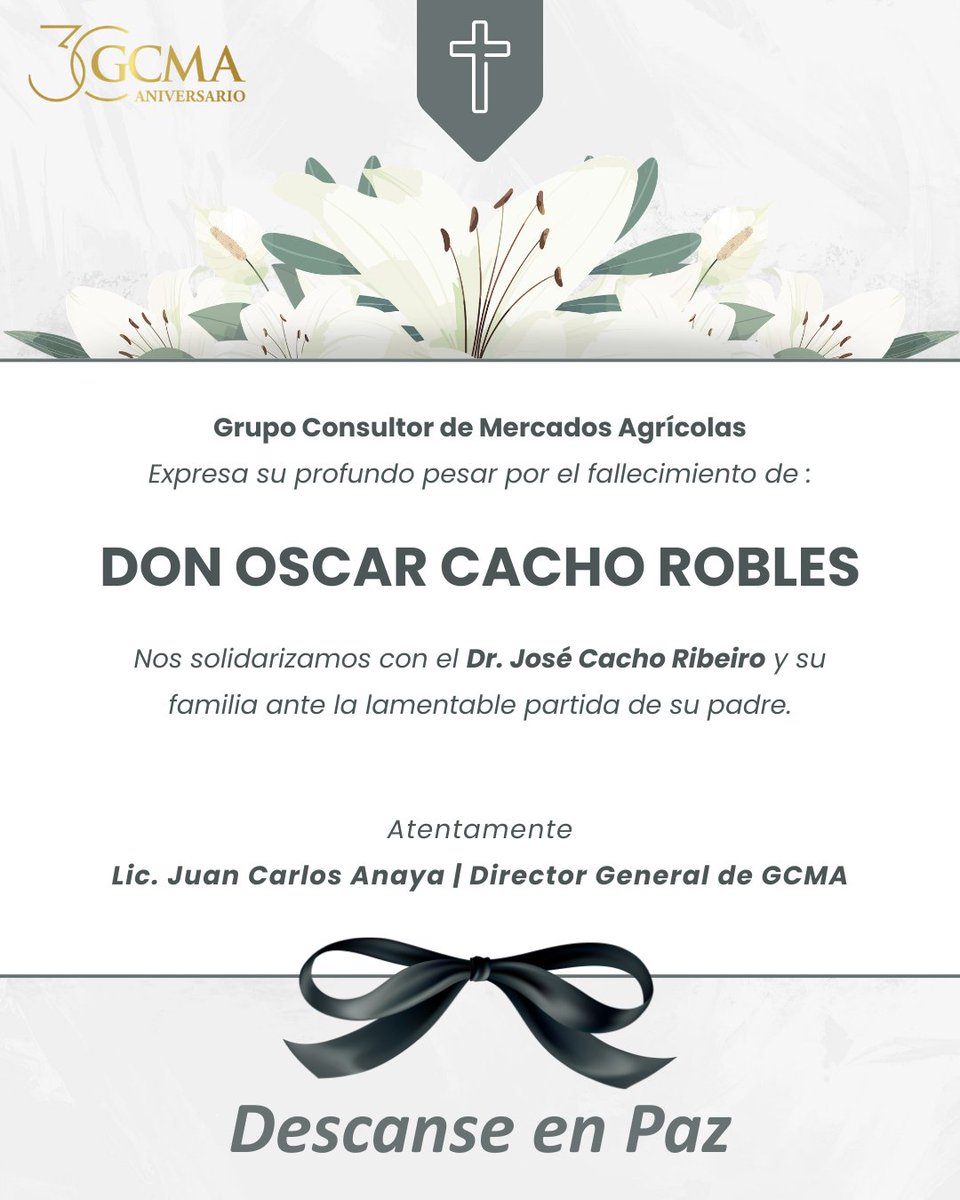 Agrocomunidad GCMA, hoy expresamos nuestro profundo pesar por el fallecimiento de Don Oscar Cacho Robles.

Acompañamos al Dr. José Cacho Ribeiro y a su familia en este difícil momento. Hoy reafirmamos que la solidaridad fortalece los vínculos que sostienen a nuestra comunidad.
