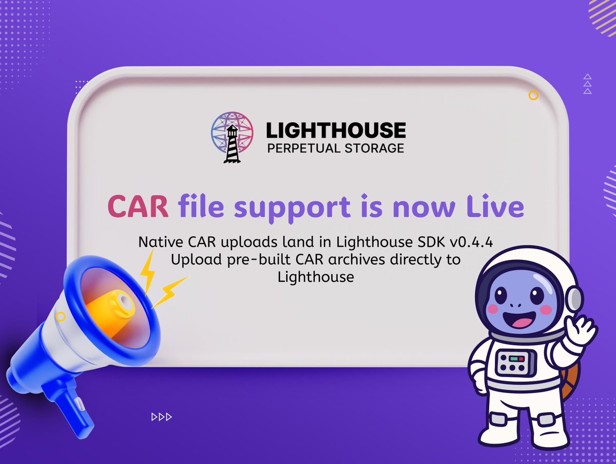 .<a href="/LighthouseWeb3/">Lighthouse</a> SDK v0.4.4 adds native CAR file support for data stored on Filecoin. 

Developers can upload pre-built .car archives that already contain a full content-addressed DAG. 

The network receives the archive as is, which preserves structure.