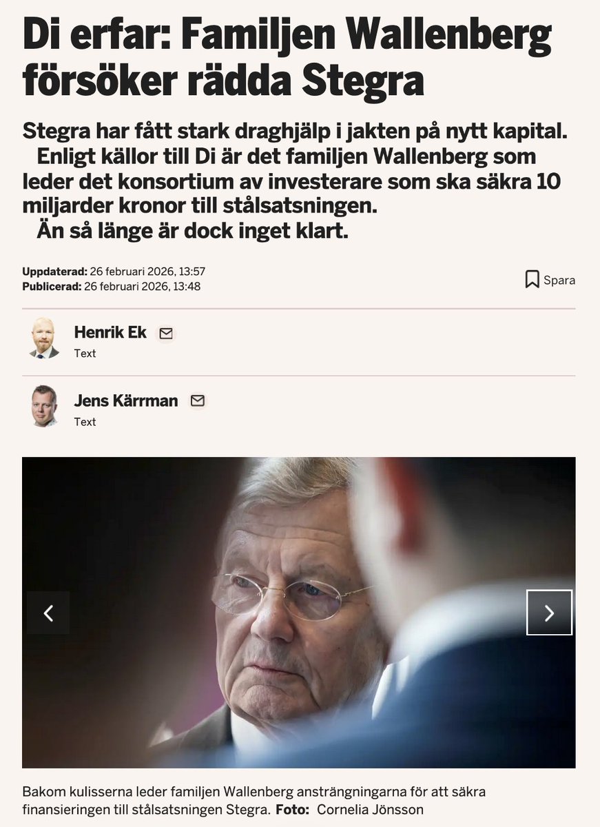 GStrand45's tweet photo. Jacob Wallenbergs alla havererade woke-projekt och deras Rysslandsanfallskrig via Ukraina har kostat befolkningen miljarder. Politiker i stat och kommun har slickat stövlarna och lovat mark, personal och investeringspengar för att rädda dom.
Uppenbart är att nedmontering pågår och ju längre vi lajvar "landsgagneliga krigiska klimatidioter" desto dyrare blir det. Det finns säkert någon AP-fond kvar att plundra.