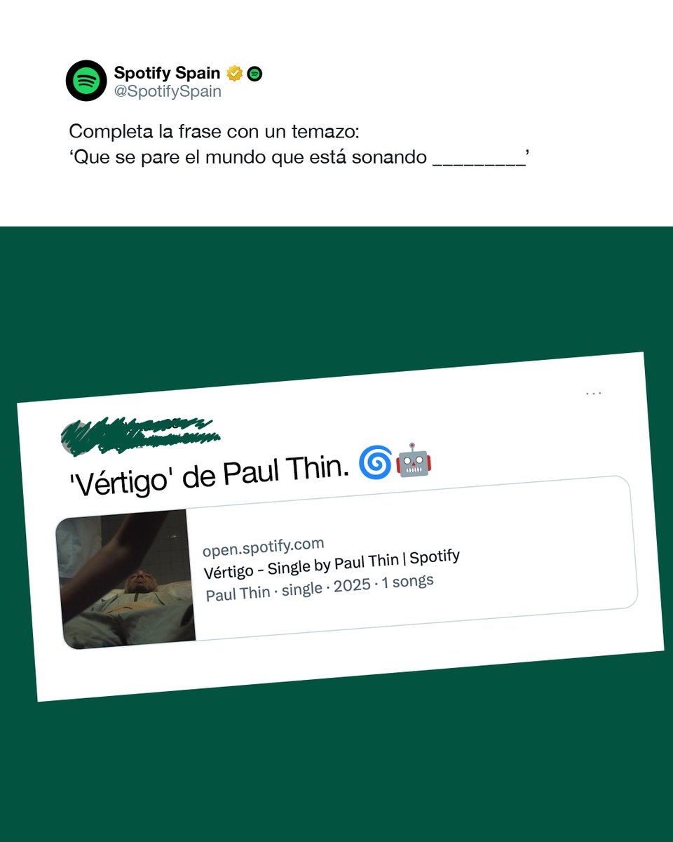 PaulThinWorld's tweet image. 📸 • Publicación de Spotify España. 🤖🌀

«Que se pare.»

@PaulSThin @SpotifySpain 
#Vértigo #Reboot #PaulThin 

→instagram.com/p/DVOZxOll8z6
